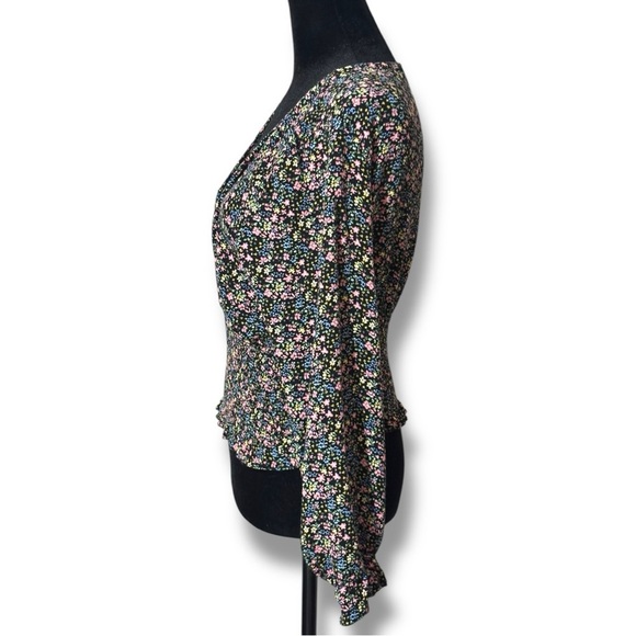 Paper Crane Black with Vibrant Pink and Yellow Floral Long Sleeve Wrap Blouse - Picture 3 of 16